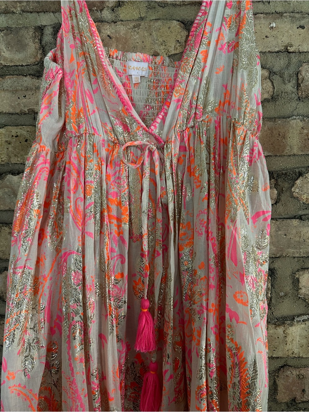Ranees Tassel Cotton Maxi Sundress with Neon Pink Paisley Print - Picture 2 of 6
